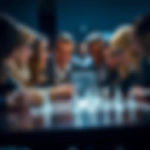 A group of diverse people looking at transparent game pieces on a table, representing manipulation of trust