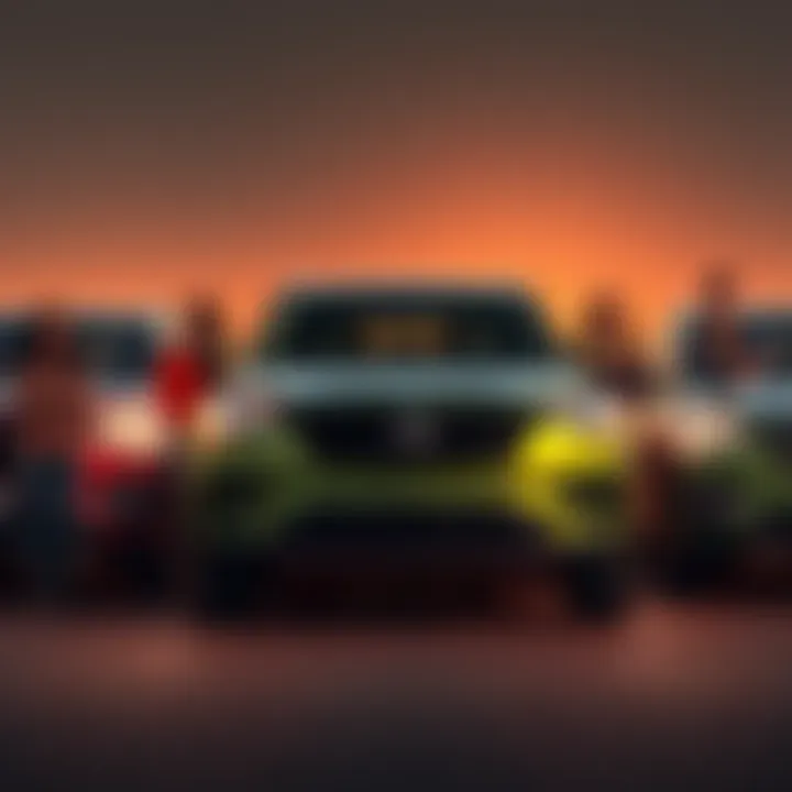 A diverse group of people standing next to modest cars, showing a shift from luxury vehicles to practical options