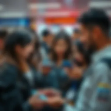 A group of people discussing and sharing scam phone numbers on their phones in a public setting
