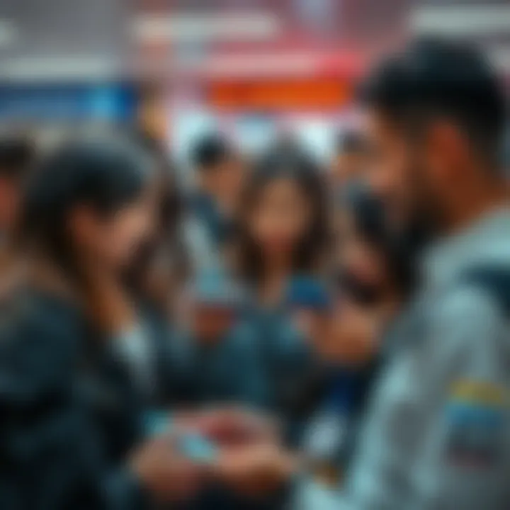 A group of people discussing and sharing scam phone numbers on their phones in a public setting