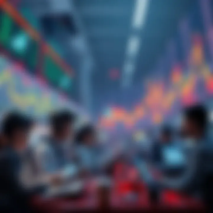A group of people engaged in trading activities on digital platforms, with charts and graphs in the background showing market trends.