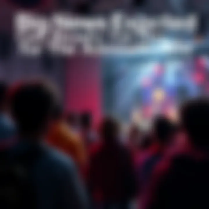 People waiting for an announcement A group of people gathered, looking eagerly towards a stage where an important announcement is about to take place.