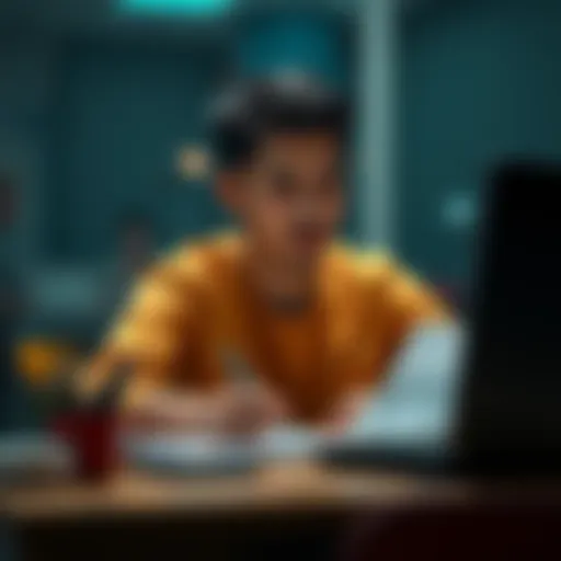 A person seated at a desk, looking concerned while writing an online post for financial support.