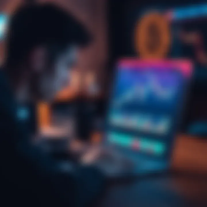 Person checking Bitcoin charts on a laptop A person focused on a laptop screen displaying Bitcoin price charts, looking concerned about market fluctuations.