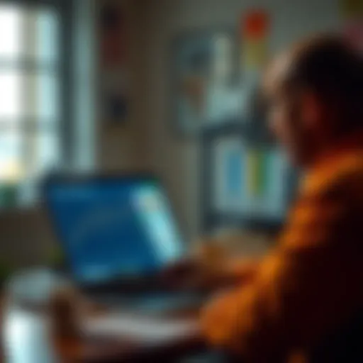 Individual sitting at a desk, looking thoughtfully at a laptop displaying Bitcoin charts and settlement papers from a black mold lawsuit