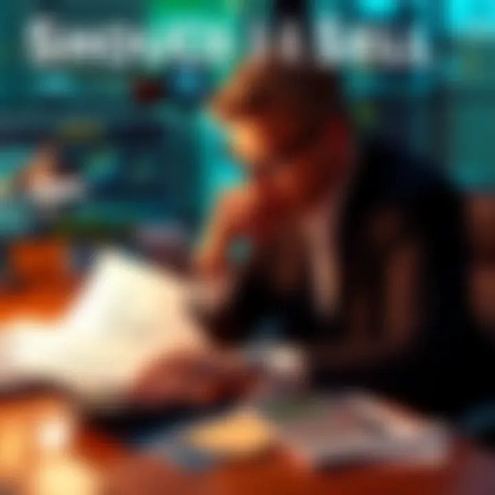 A person sitting at a desk with financial reports and a calculator, looking thoughtful about selling investments.