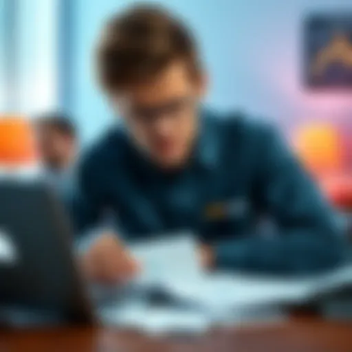 Individual sitting at a desk, looking stressed while trying to access Coinbase account on a laptop, papers scattered around