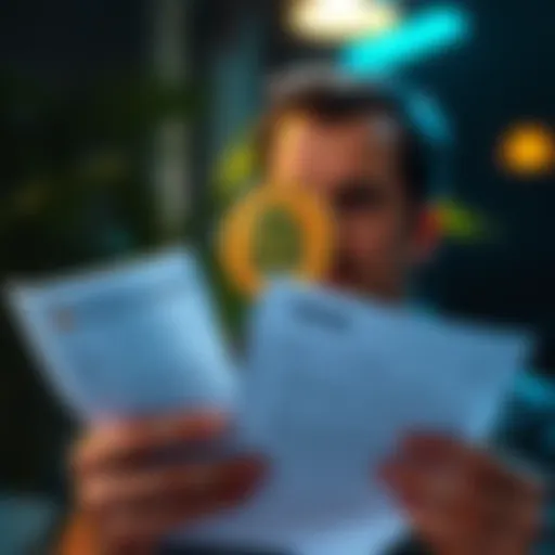 Individual contemplating job resignation while examining a 401k statement and a Bitcoin symbol