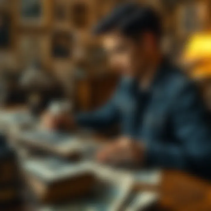 A person sitting at a table, gazing at old photographs with a reflective expression, evoking feelings of nostalgia and longing for the past
