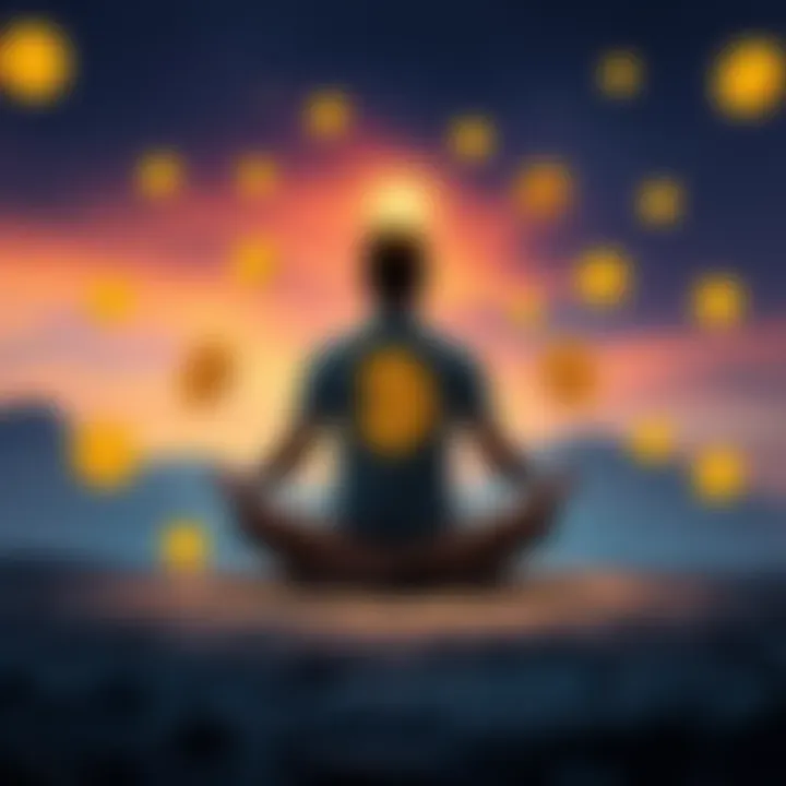 A person sitting cross-legged in a peaceful setting, surrounded by floating Bitcoin symbols, reflecting on their spiritual journey and connection to cryptocurrency.