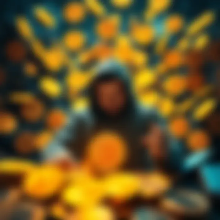 A single individual surrounded by Bitcoin symbols, representing the mining of all Bitcoin