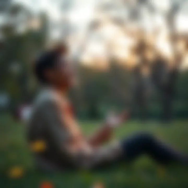 A person sitting in a serene park, smiling while practicing mindfulness, surrounded by nature