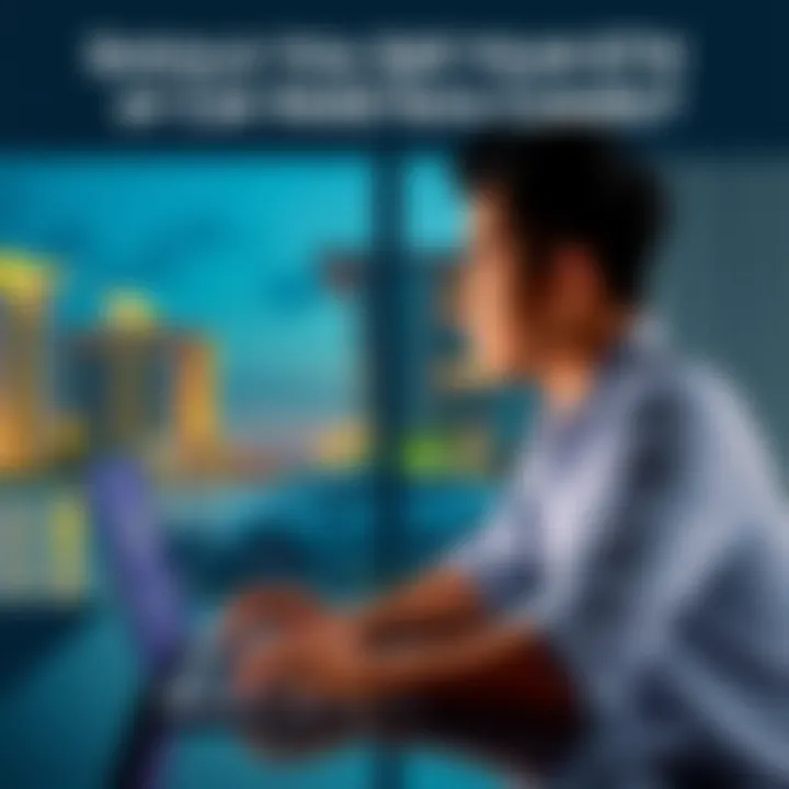 a person sits at a table looking thoughtfully at a laptop with Ethereum logo on the screen, with a car and a condo image in the background