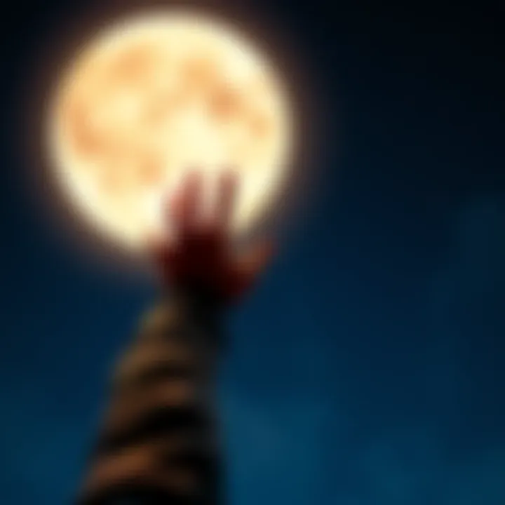 A person extending their hand towards a large, glowing moon in a starry sky