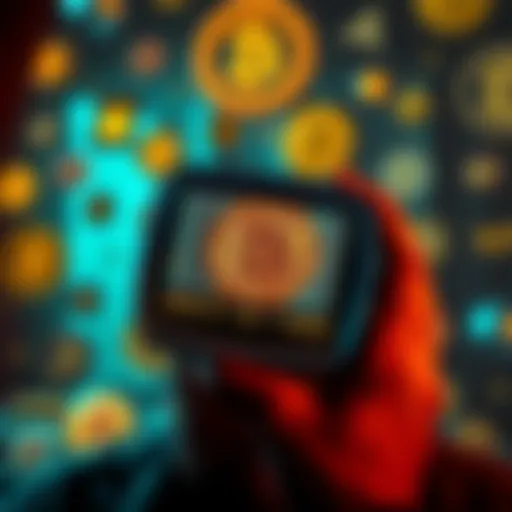 A person looks at a vintage screenshot of their Bitcoin wallet showing 0.1 BTC from 2018, surrounded by symbols of cryptocurrency.