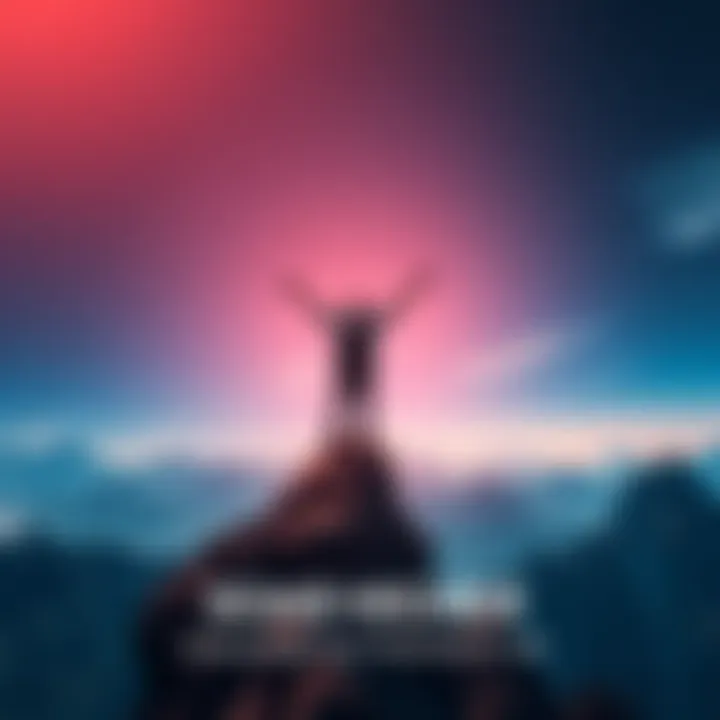 A person reaching the top of a mountain, arms raised in victory, symbolizing achievement and personal growth