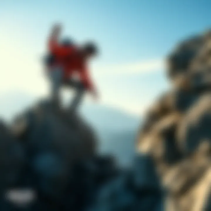 Individual climbing a rocky mountain, showing determination and strength while facing obstacles.