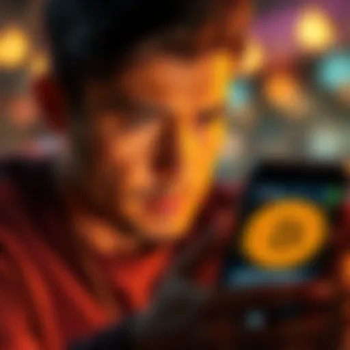 A person staring at a smartphone with a puzzled expression, trying to understand a confusing Instagram story about Bitcoin
