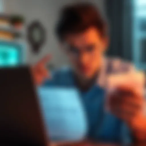 A person looking puzzled while reading a phishing email on a laptop, showing a mix of intelligence and confusion about online scams.