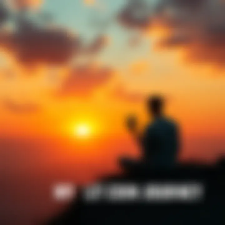 A person sitting on a hilltop, looking at the sunset while holding a Bitcoin coin, symbolizing hope and freedom.