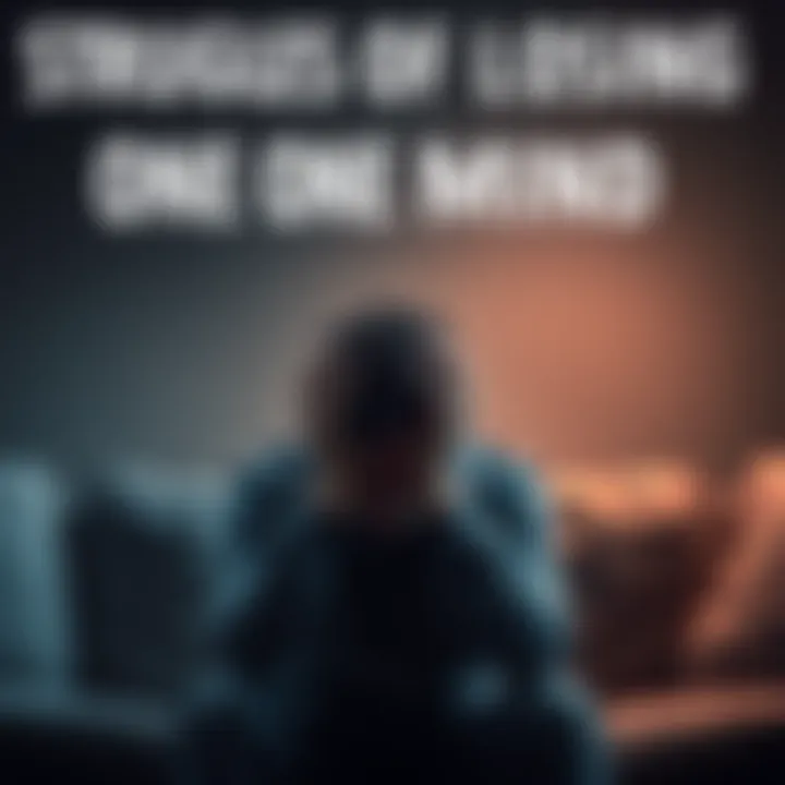 A person sitting alone with a worried expression A person with their head in their hands, showing signs of distress while sitting on a couch in a dimly lit room