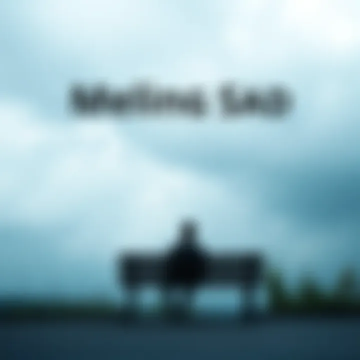 A person sitting alone on a bench with a downcast expression, looking out at a cloudy sky.