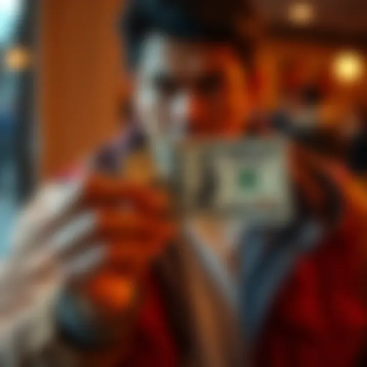 Individual holding a $100 bill with a look of determination, symbolizing a spending challenge
