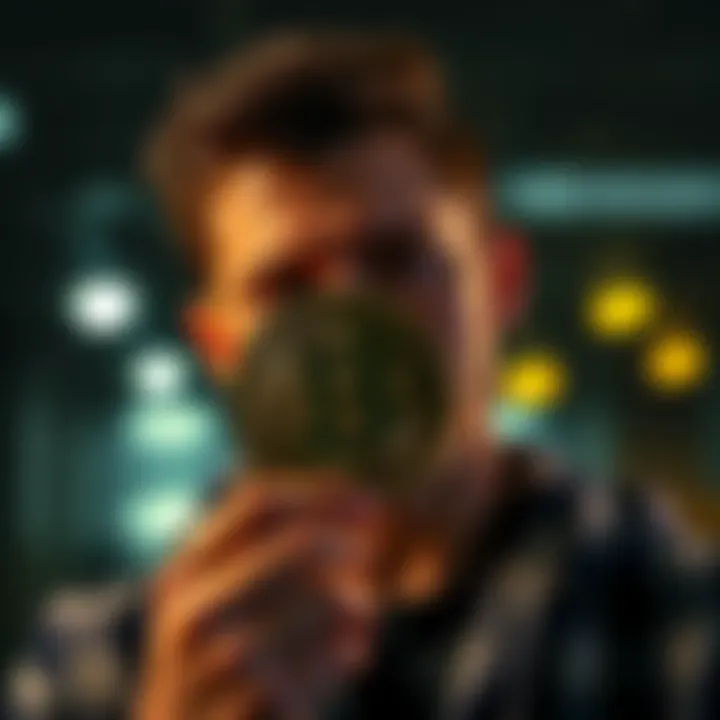 A person looks thoughtfully at a Bitcoin symbol, symbolizing their change from doubt to belief in cryptocurrency.