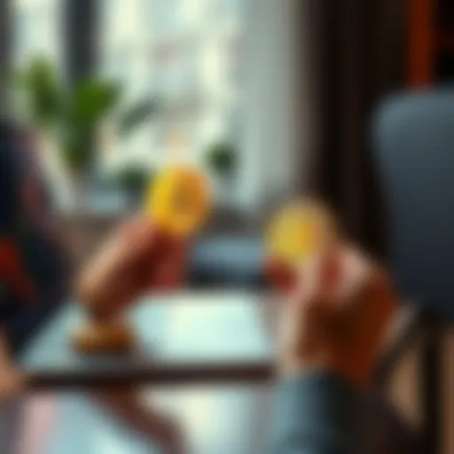 A person sitting at a table, holding Bitcoin coins with a laptop open showing market trends, symbolizing financial decision-making.