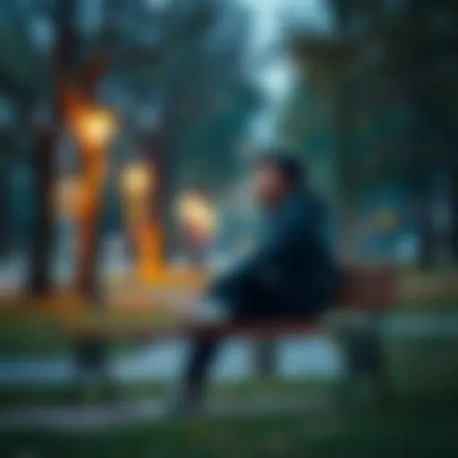 A person sitting on a bench, looking thoughtful and contemplative, in a park setting, symbolizing emotional struggles and the journey of overcoming challenges.