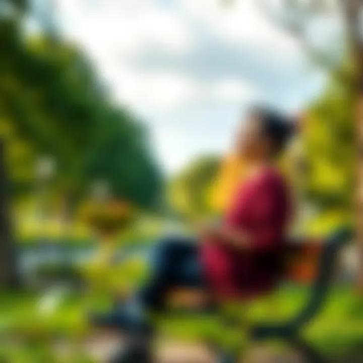A person sitting on a bench in a park, smiling while looking at nature around them, radiating contentment.