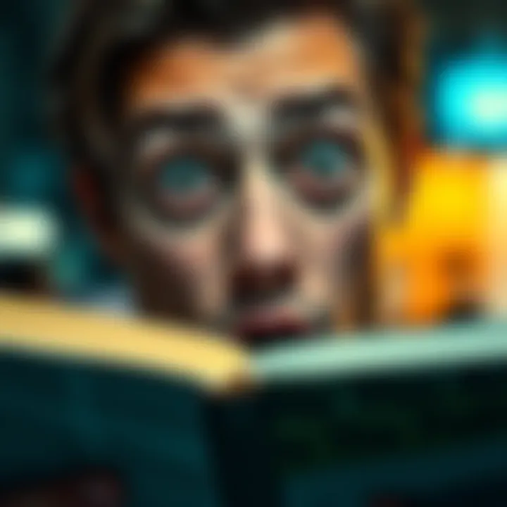 A person with wide eyes and an open mouth, showcasing an expression of surprise and curiosity while reading a book or article.