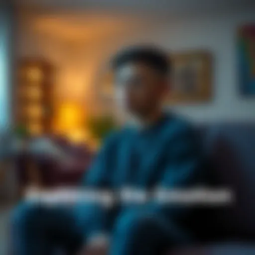 A young adult sits alone, looking pensive with a slight frown, surrounded by a cozy living room atmosphere, conveying the importance of processing emotions.
