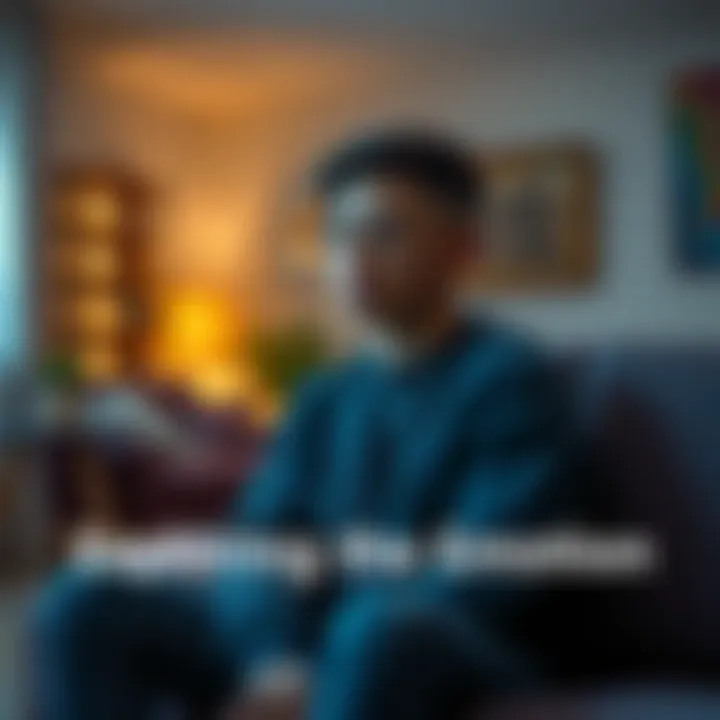 Person sitting with a thoughtful expression A young adult sits alone, looking pensive with a slight frown, surrounded by a cozy living room atmosphere, conveying the importance of processing emotions.