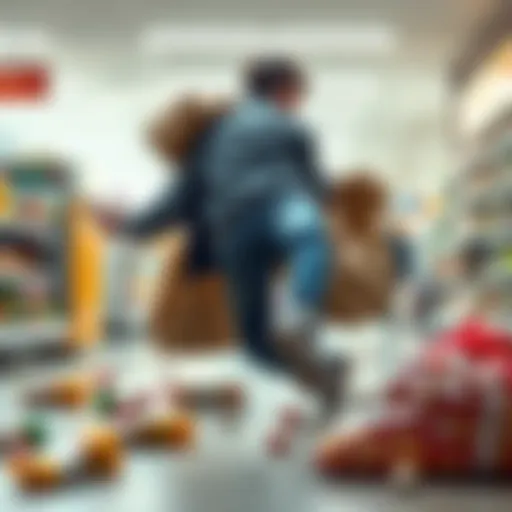 A person falls while trying to carry too many grocery bags, with food items scattered on the ground