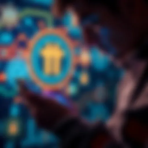 Individual checking Pi cryptocurrency app on a smartphone with security icons in the background