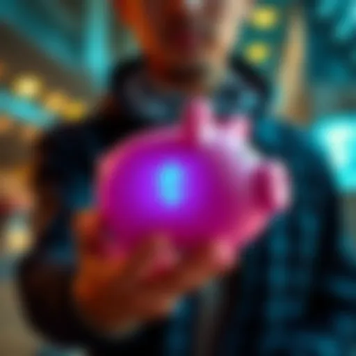 A person holding a piggy bank with Tether logo, symbolizing personal finance management