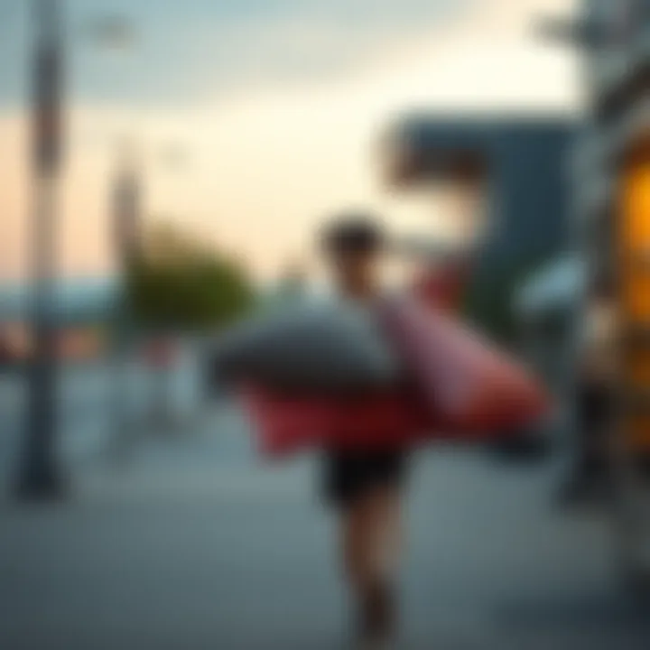 A person walking outside carrying cushions, contemplating going out and returning later, showcasing uncertainty in their expression.