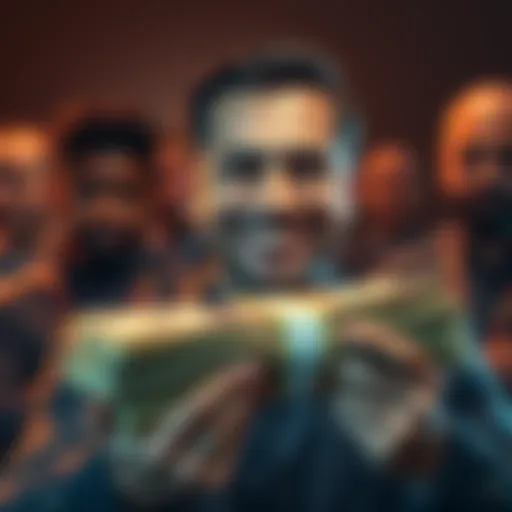 Individual holding a large stack of money, smiling confidently while facing critics in the background