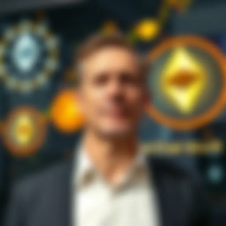Peter Thiel standing with Ethereum logos and cryptocurrency symbols in the background