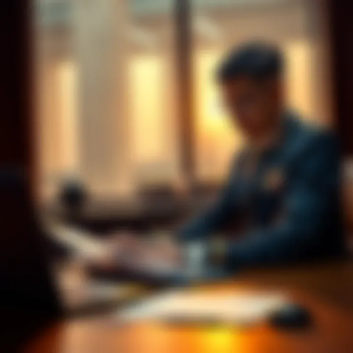 A government official reviewing new cryptocurrency regulations in the Philippines, with documents and a laptop on the table.