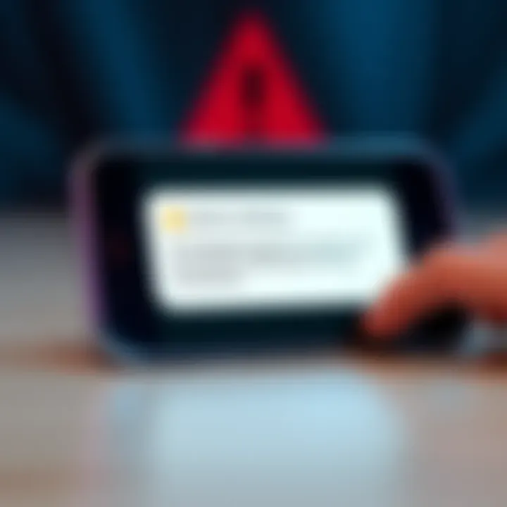 A smartphone displaying a suspicious text message related to Coinbase. The message warns about an unauthorized API key connection. The screen shows a concerned user looking at the text.