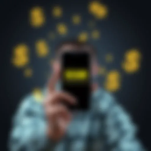 A person looking worried while holding a phone displaying a scam message, with digital currency symbols in the background