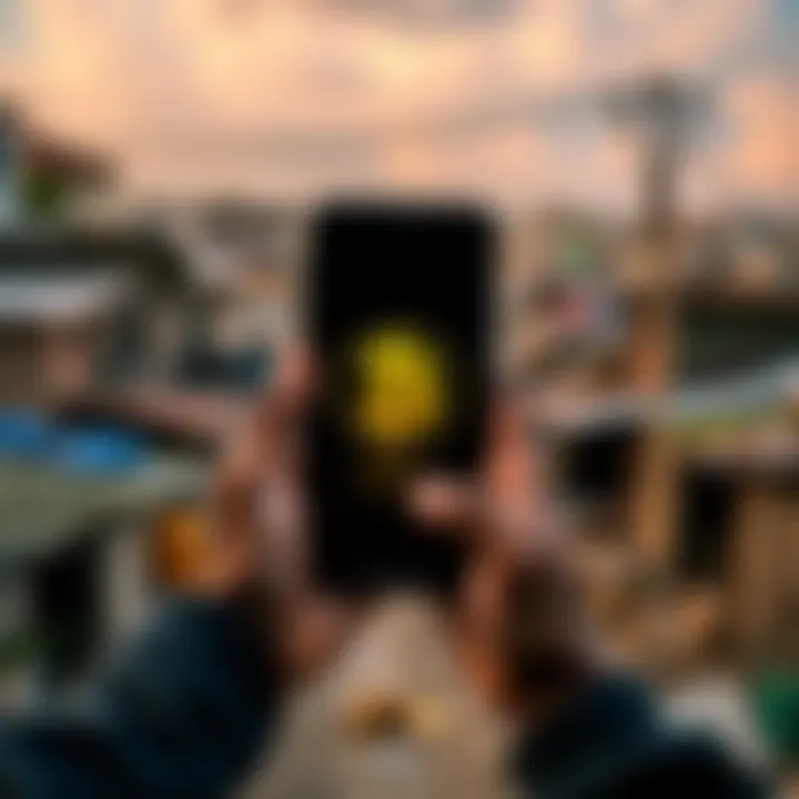 A person holding a smartphone displaying the Pi cryptocurrency logo, with coins and a poverty-stricken neighborhood in the background.