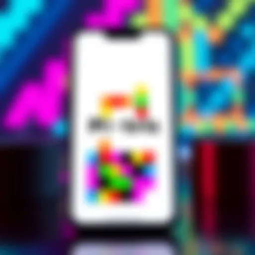 A smartphone displaying the Pi-tris app logo with colorful blocks arranged in a Tetris style