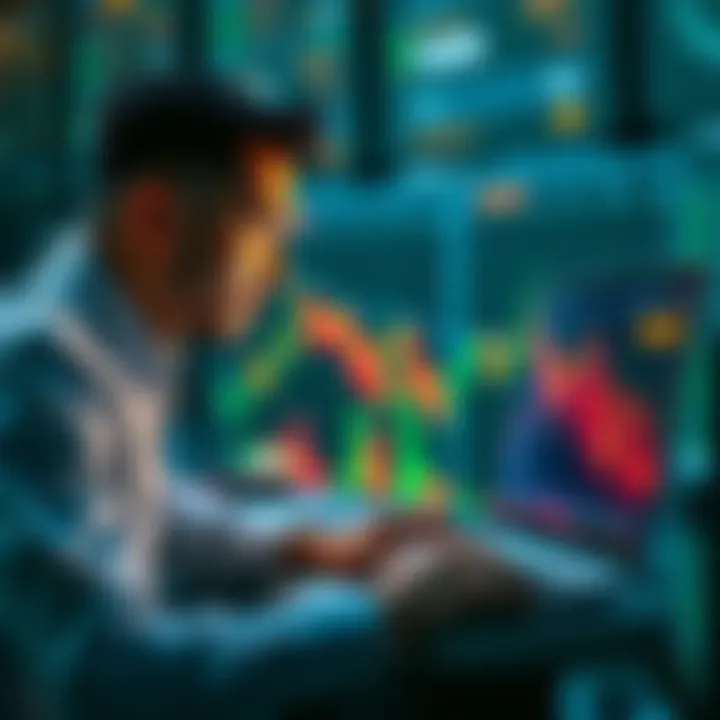 A beginner trader looking at a laptop screen displaying Pionex trading interface, showing fluctuating graphs and numbers.