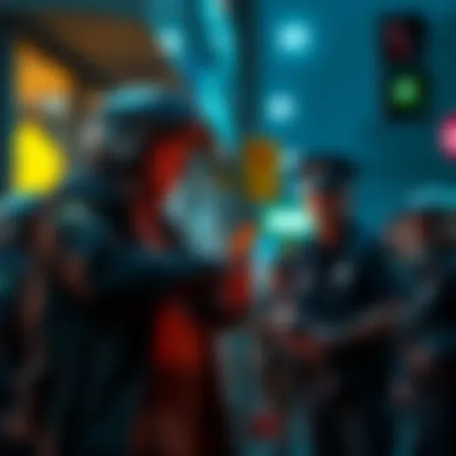 Authorities stopping a Bitcoin scam targeting an elderly woman, with police officers in action and concerned onlookers nearby.