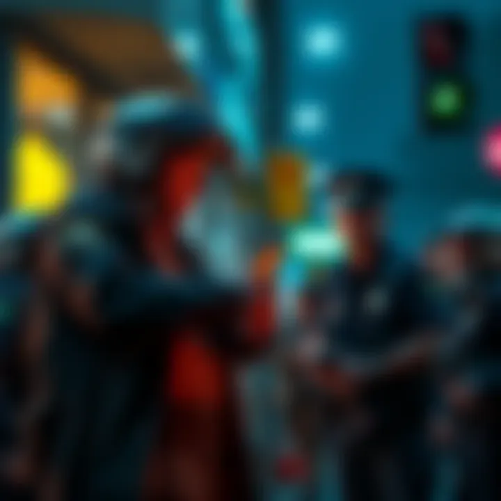 Authorities stopping a Bitcoin scam targeting an elderly woman, with police officers in action and concerned onlookers nearby.