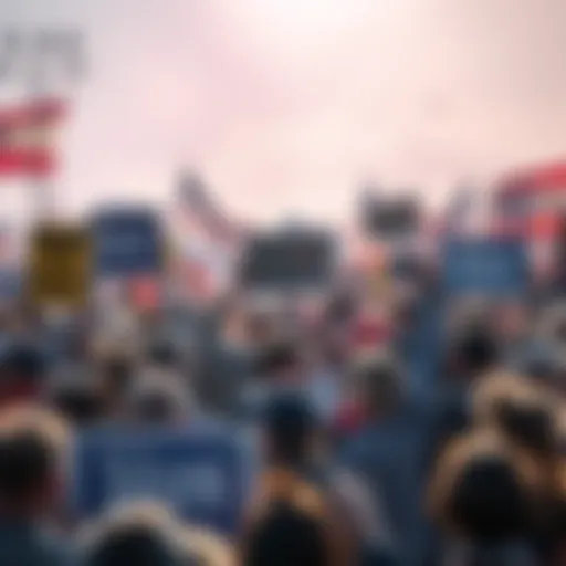 A diverse group of people at a political rally, holding signs and banners expressing their views, with a lively atmosphere around them.