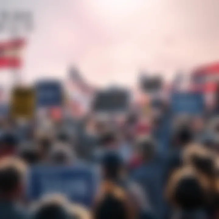 A diverse group of people at a political rally, holding signs and banners expressing their views, with a lively atmosphere around them.
